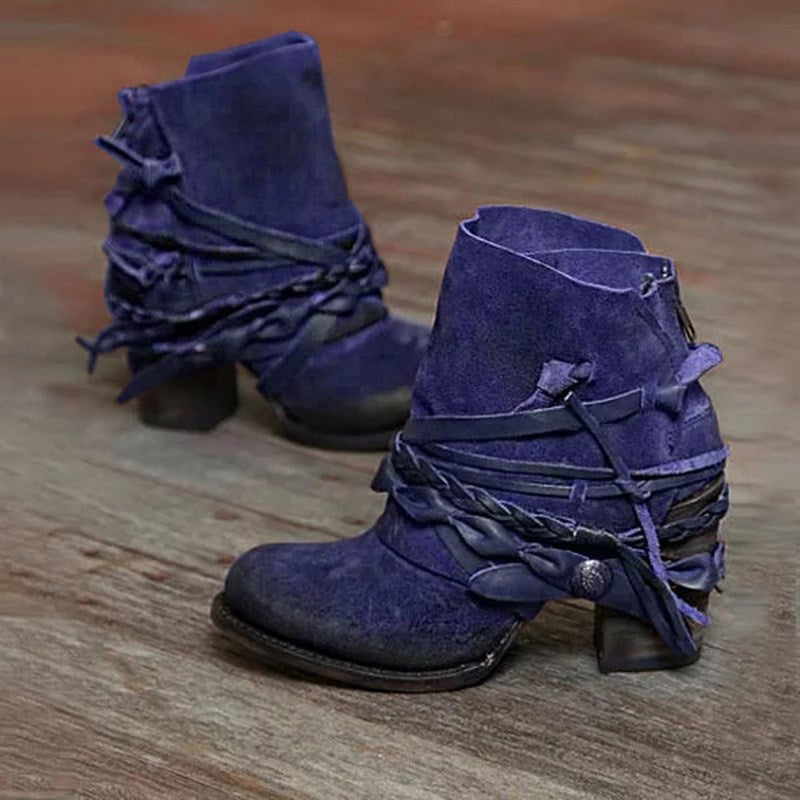 Damen nan Retro Wildlederstiefelette mit geflochtenen Lederbändern und kurzem Blockabsatz R&B