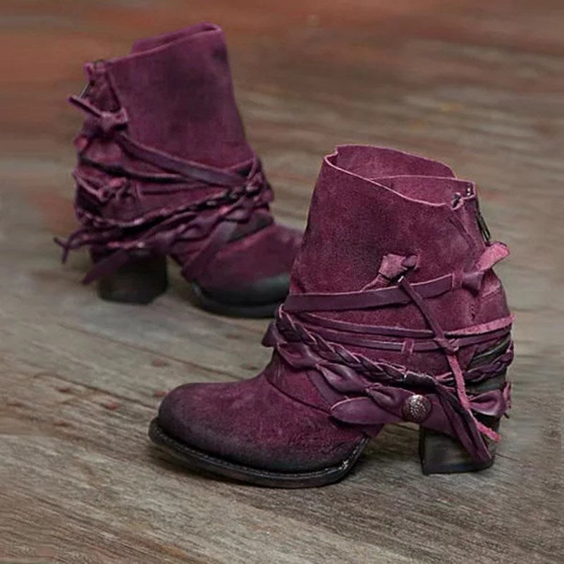 Damen nan Retro Wildlederstiefelette mit geflochtenen Lederbändern und kurzem Blockabsatz R&B