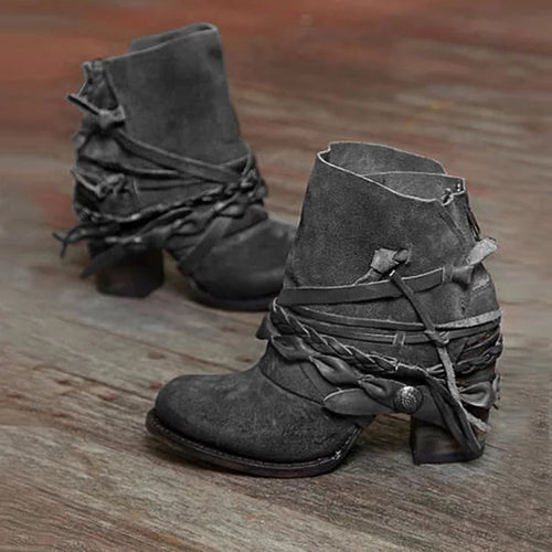 Damen nan Retro Wildlederstiefelette mit geflochtenen Lederbändern und kurzem Blockabsatz R&B