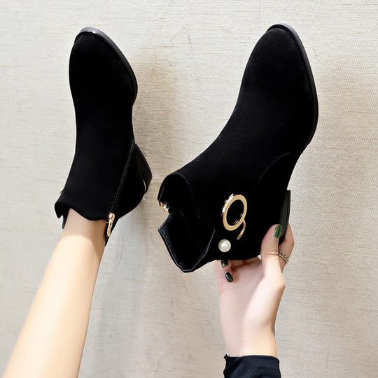 Damen nan knöchelstiefel aus Veloursimitat mit seitlichem Reißverschluss goldener Absatzkante und Perlenring R&B