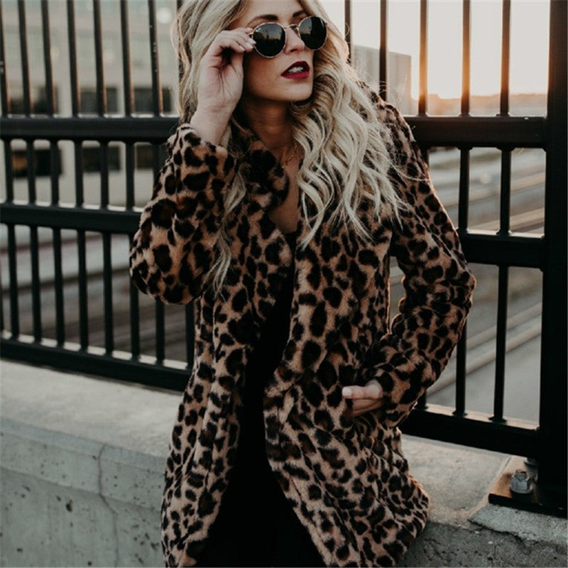 Damen Modischer Kunstfellmantel mit Leopardenmuster und elegantem Schnitt R&B