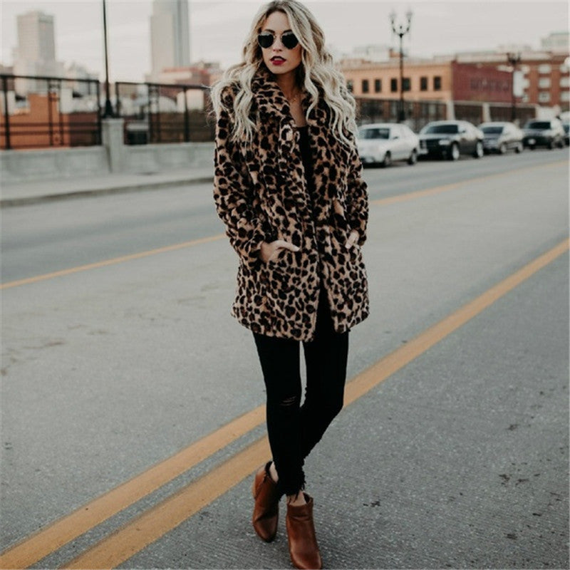 Damen Modischer Kunstfellmantel mit Leopardenmuster und elegantem Schnitt R&B