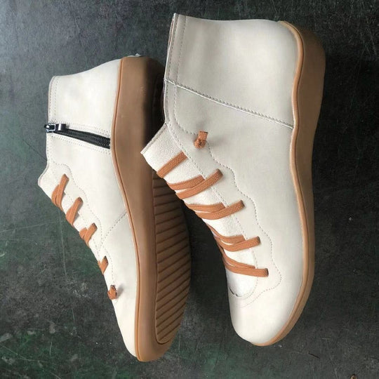 Damen nan knöchelhoher Softleder-Sneakerboot mit seitlichem Reißverschluss elastischer Zierschnürung und ergonomischer Komfortsohle R&B