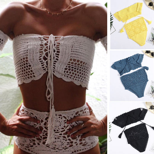 Damen Häkel-Bikini-Set mit dekorativen Fransen und trendigem Oberteil R&B