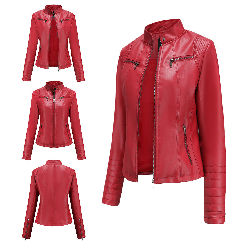 Damen nan taillierte Bikerjacke aus Kunstleder mit Stehkragen und gesteppter Ärmelpartie R&B