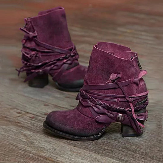 Damen nan Retro Wildlederstiefelette mit geflochtenen Lederbändern und kurzem Blockabsatz R&B