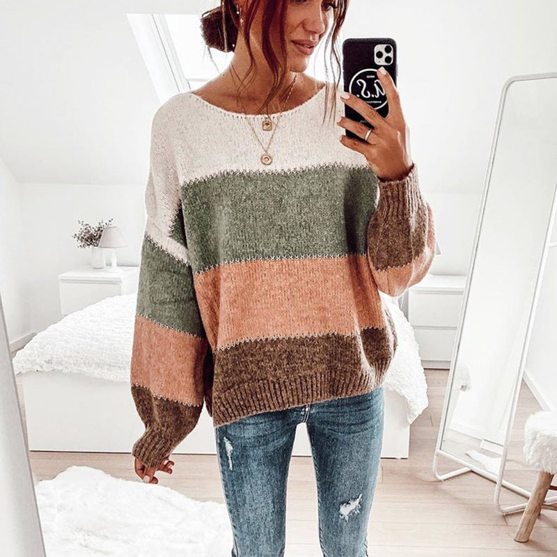 Damen modischer Pullover mit auffälligem Streifenmuster und lässigem Schnitt R&B