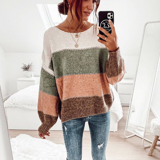 Damen Großer Strickpullover mit breitem Rundhalsausschnitt und kontrastierenden Blockstreifen R&B