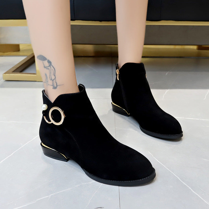 Damen nan knöchelstiefel aus Veloursimitat mit seitlichem Reißverschluss goldener Absatzkante und Perlenring R&B