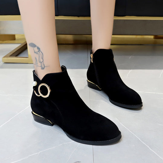 Damen nan knöchelstiefel aus Veloursimitat mit seitlichem Reißverschluss goldener Absatzkante und Perlenring R&B