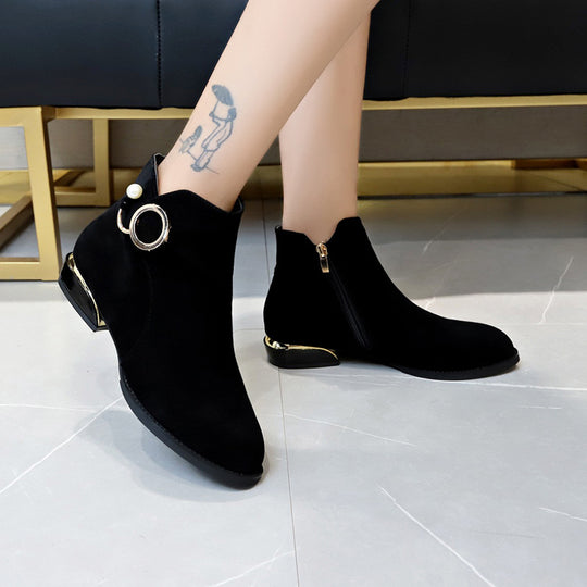 Damen nan knöchelstiefel aus Veloursimitat mit seitlichem Reißverschluss goldener Absatzkante und Perlenring R&B