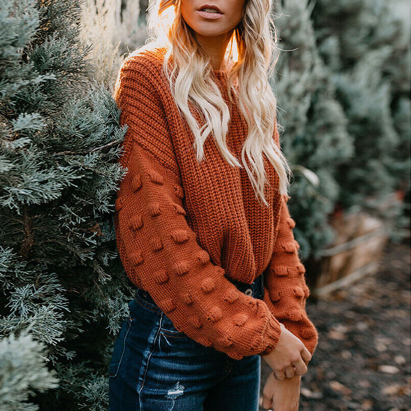 Damen Strickpullover mit strukturiertem Design und lässigen Puffärmeln R&B