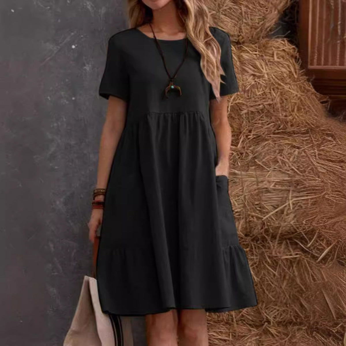 R&B | Lose Tasche einfarbig Rundhalsausschnitt Kleid