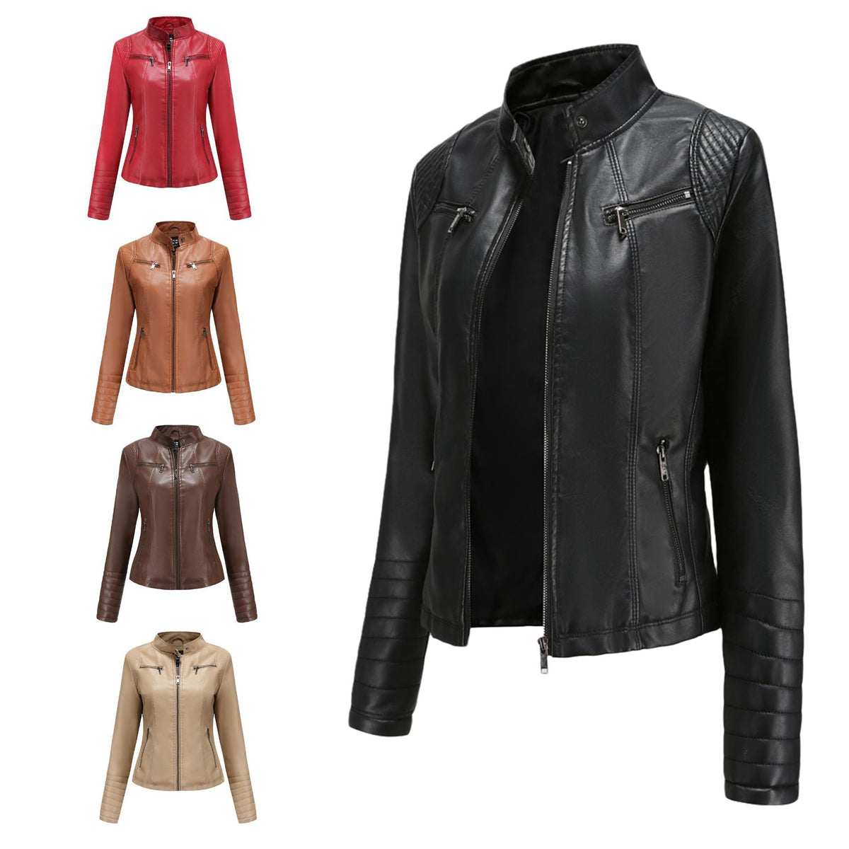 Damen nan taillierte Bikerjacke aus Kunstleder mit Stehkragen und gesteppter Ärmelpartie R&B