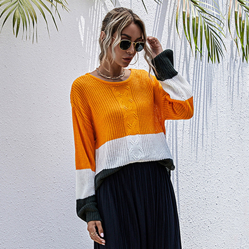Damen modischer Strickpullover mit Colorblock-Design und weitem Schnitt