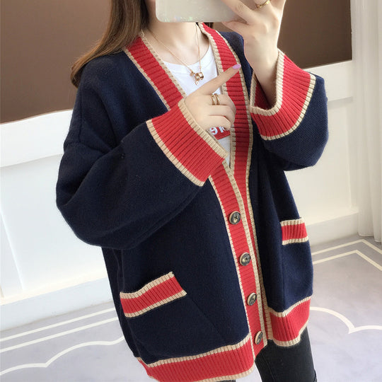 Damen Lässiger Strickcardigan mit attraktiven Kontrastsäumen und praktischen Taschen R&B