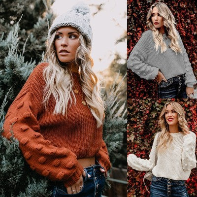Damen Strickpullover mit strukturiertem Design und lässigen Puffärmeln R&B