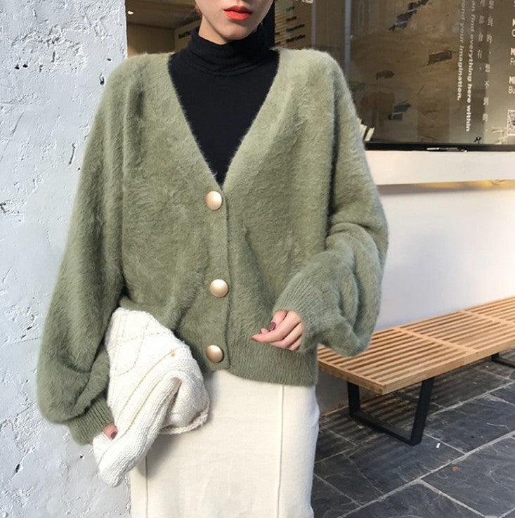 Damen Flauschige Strickjacke mit großen Knöpfen und voluminösen Ärmeln R&B