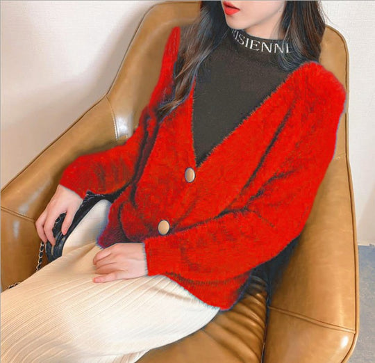 Damen Flauschige Strickjacke mit großen Knöpfen und voluminösen Ärmeln R&B