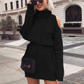 Damen Strickkleid mit offenem Schulterdesign und hohem Kragen R&B