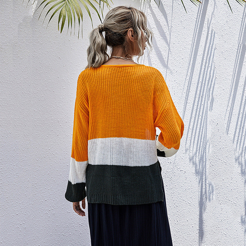 Damen modischer Strickpullover mit Colorblock-Design und weitem Schnitt