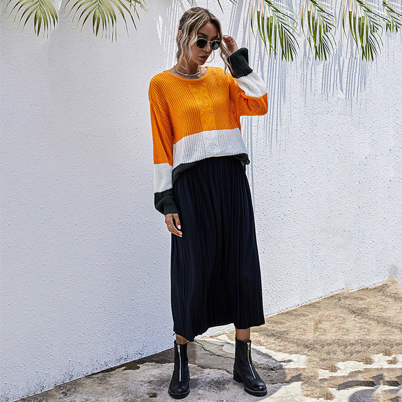 Damen modischer Strickpullover mit Colorblock-Design und weitem Schnitt