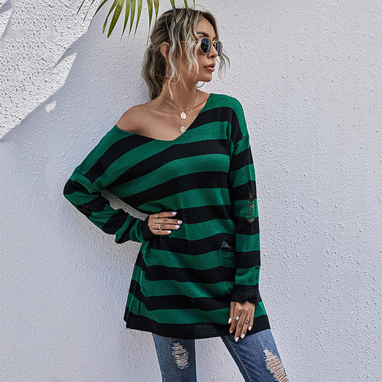 Damen Oversized Strickpullover mit asymmetrischem Schnitt und Streifenmuster R&B