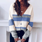 Damen Strickjacke mit V-Ausschnitt und modernen Streifen