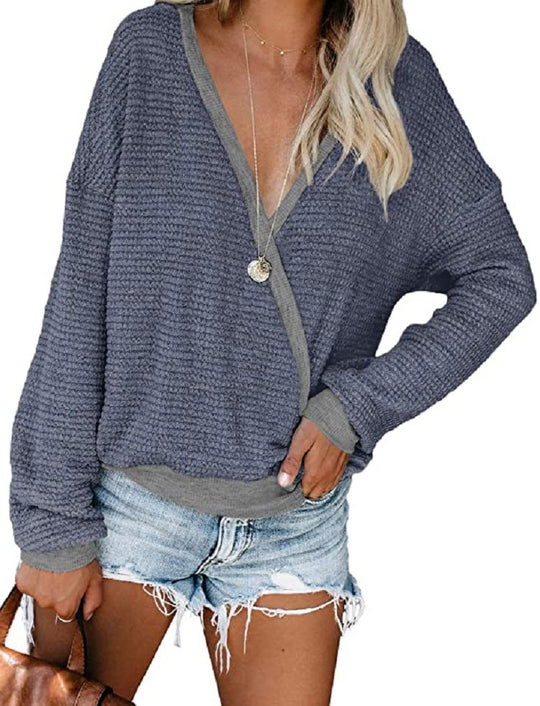 Damen lässiger V-Ausschnitt Pullover mit strukturierter Oberfläche R&B