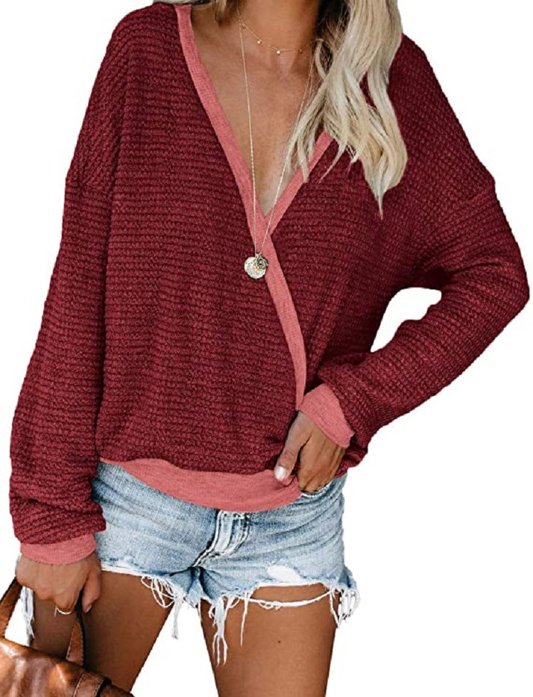 Damen lässiger V-Ausschnitt Pullover mit strukturierter Oberfläche R&B