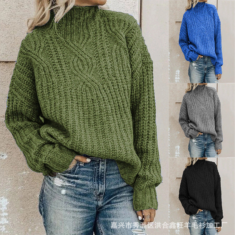 Damen Grobstrickpullover mit hochgeschlossenem Kragen und strukturiertem Zopfmuster