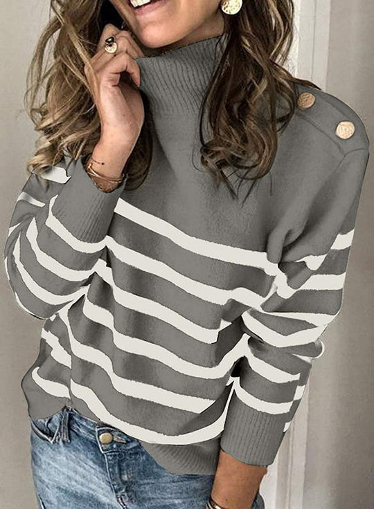 Damen Hochgeschlossen Pullover mit Streifenmuster und dekorativen Knöpfen R&B