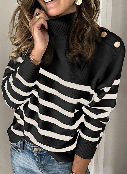 Damen modischer Strickpullover mit hochschließendem Kragen und Knopfdetails R&B