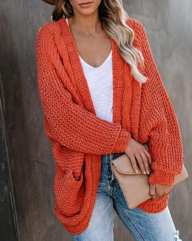 Damen Grobstrick-Cardigan mit offenen Ärmeln und großzügigen Taschen R&B