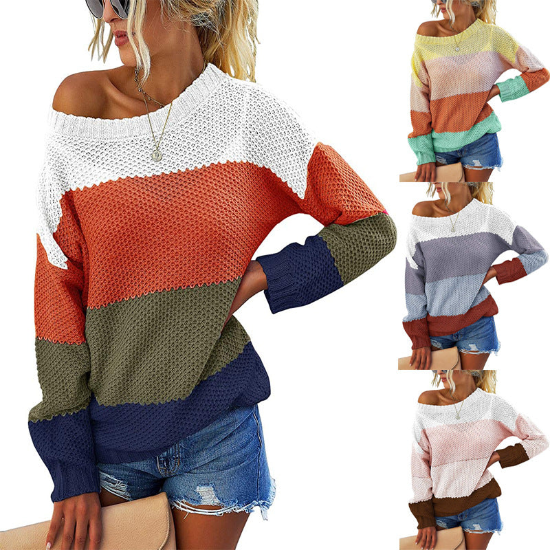 Damen lässiger Blockstreifen Pullover mit weitem Ausschnitt und strukturiertem Gewe