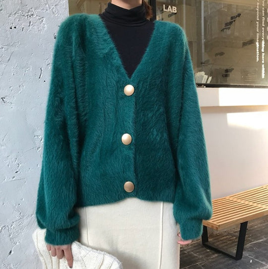 Damen Flauschige Strickjacke mit großen Knöpfen und voluminösen Ärmeln R&B