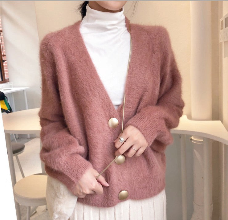 Damen Flauschige Strickjacke mit großen Knöpfen und voluminösen Ärmeln R&B