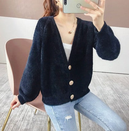 Damen Flauschige Strickjacke mit großen Knöpfen und voluminösen Ärmeln R&B