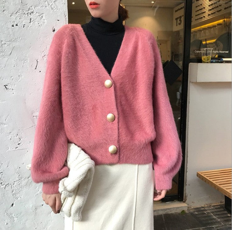 Damen Flauschige Strickjacke mit großen Knöpfen und voluminösen Ärmeln R&B