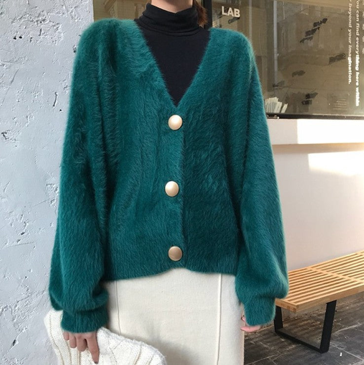 Damen Flauschige Strickjacke mit großen Knöpfen und voluminösen Ärmeln R&B
