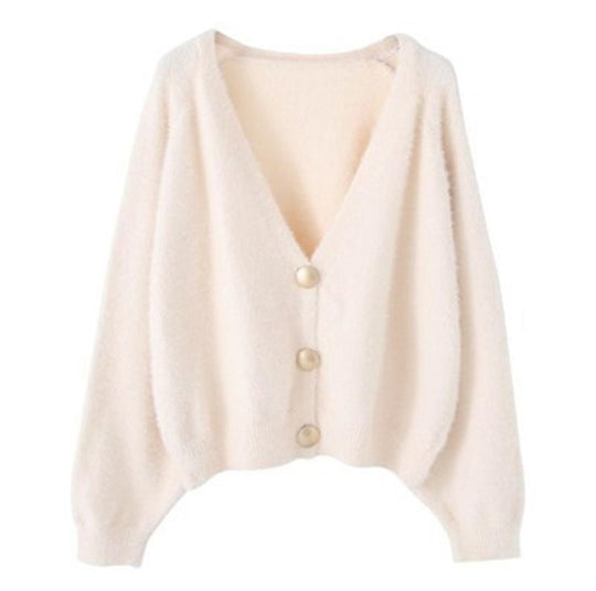 Damen Flauschige Strickjacke mit großen Knöpfen und voluminösen Ärmeln R&B