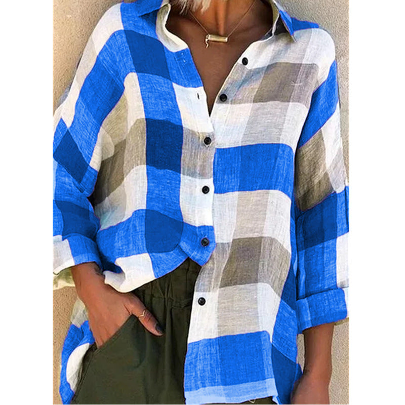Damen nan oversized Leinenbluse mit großem Karo-Muster und legerem Hemdkragen R&B