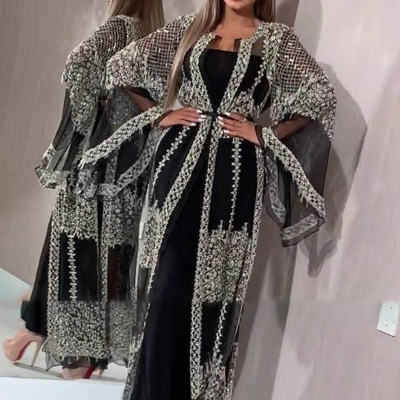 Damen Elegante Kaftan Robe aus transparentem Stoff mit aufwendigen Verzierungen R&B