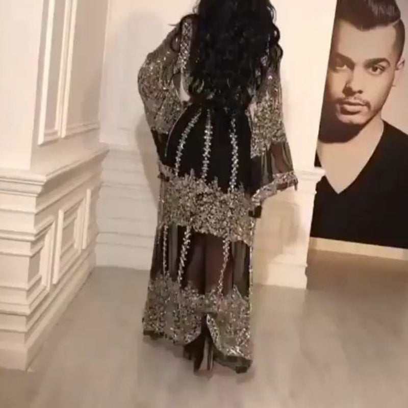 Damen Elegante Kaftan Robe aus transparentem Stoff mit aufwendigen Verzierungen R&B