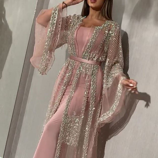 Damen Elegante Kaftan Robe aus transparentem Stoff mit aufwendigen Verzierungen R&B