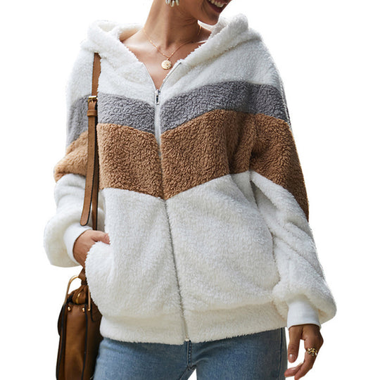 Damen Fleecejacke mit kontrastierenden Streifen und Kapuze R&B