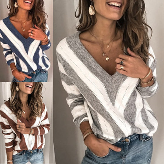 Damen lässiger V-Ausschnitt Strickpullover mit modernen Streifen R&B
