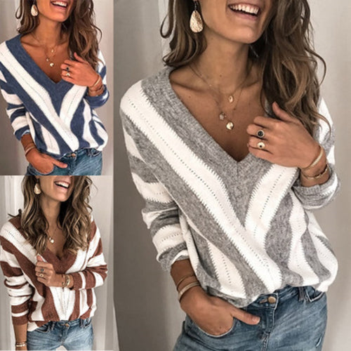 Damen lässiger V-Ausschnitt Strickpullover mit modernen Streifen R&B