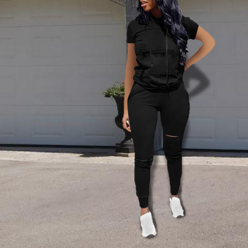Damen Sportliches Freizeit-Set mit Kurzarmpullover und Hose mit Reißverschluss R&B