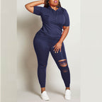 Damen Sportliches Freizeit-Set mit Kurzarmpullover und Hose mit Reißverschluss R&B